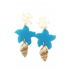 BRINCOS CORAL MARINHO COM CONCHA DOURADA