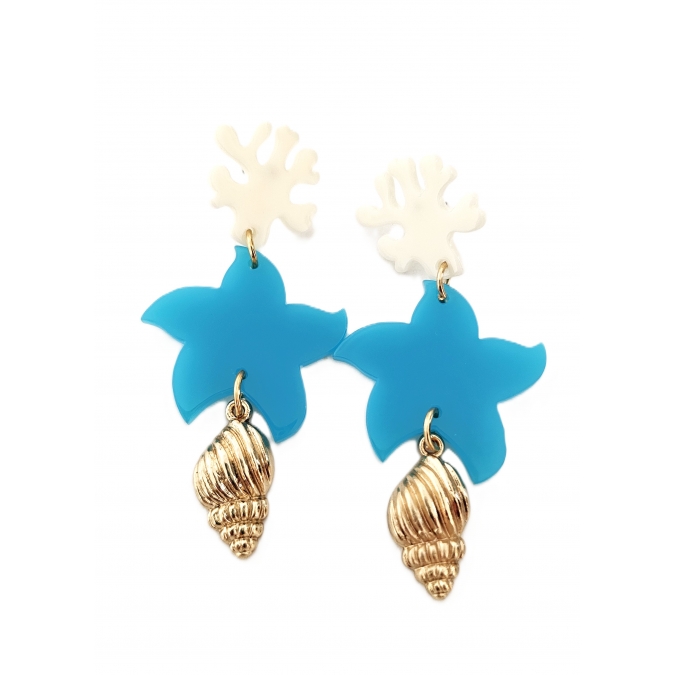 BRINCOS CORAL MARINHO COM CONCHA DOURADA