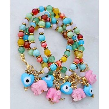 PULSEIRA PEDRAS NATURAIS ELEFANTES & OLHO GREGO