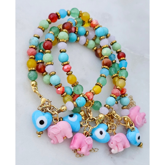 PULSEIRA PEDRAS NATURAIS ELEFANTES & OLHO GREGO