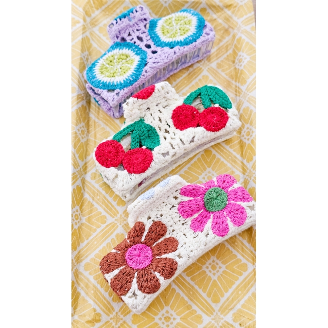 GANCHO DE CABELO CROCHET FRUTAS E FLORES